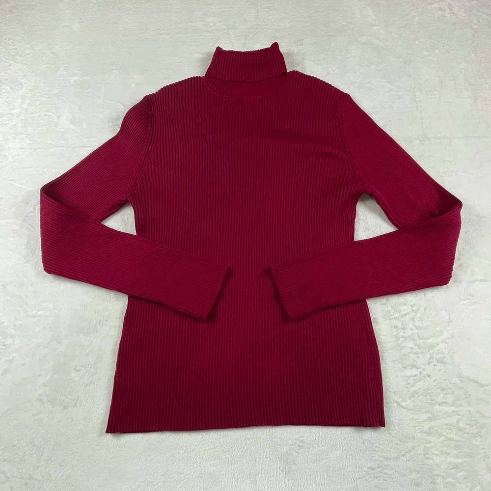Chico's Womens Silk Cotton Blend Ribbed Turtleneck Sweater Berry Red Size 3